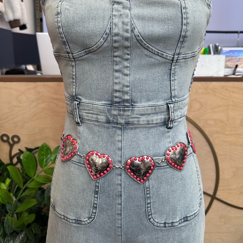 Western Silver and Pink Heart Shape Stone Concho Chain Belt